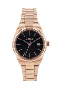Roségoldene Uhr mit rundem Gehäuse, schwarzem Zifferblatt und minimalistischen Stundenmarkierungen. Verfügt über ein Metallgliederarmband und ein Datumsfenster.