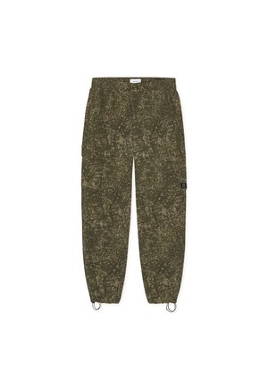 Cargo pants in olive green with a textured pattern, elastic cuffs, and two side loops. Features cargo pockets and a breathable fabric design.
