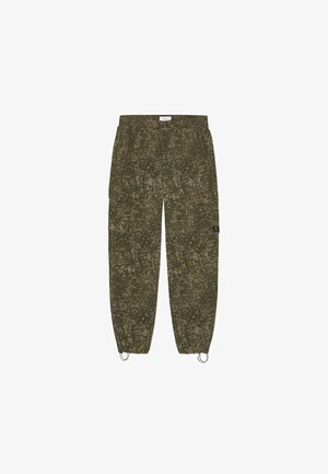 Cargo pants in olive green with a textured pattern, elastic cuffs, and two side loops. Features cargo pockets and a breathable fabric design.
