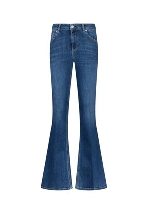 Jeans blu a zampa realizzati in denim, con vita alta, tasche frontali standard e chiusura con bottoni, dalla texture liscia.