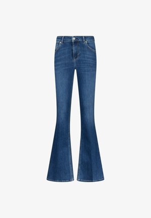 Jeans blu a zampa realizzati in denim, con vita alta, tasche frontali standard e chiusura con bottoni, dalla texture liscia.