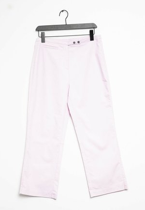 Pantalon rose clair avec une coupe droite. Caractéristiques : deux poches avant et une taille avec deux boutons de fermeture.