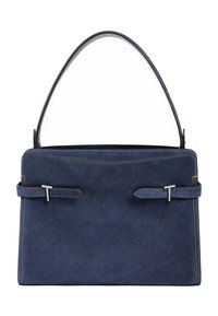 Borsa in suede blu navy con un design strutturato, dotata di una maniglia superiore e due cinghie orizzontali con dettagli in metallo argentato.