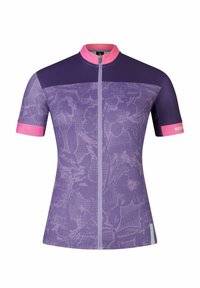 Maillot de cyclisme à manches courtes en violet et rose. Présente des motifs floraux, une fermeture éclair à l'avant et un design ajusté avec des manches contrastées.