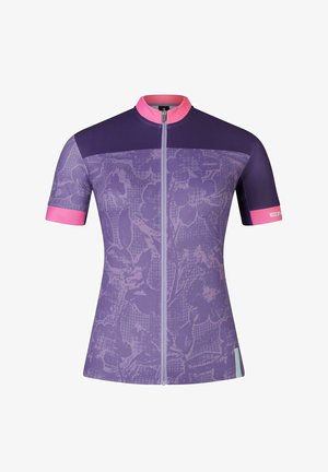 Kurzarm-Radsporttrikot in Lila und Pink. Mit floralen Mustern, einem Reißverschluss vorne und einem taillierten Design mit kontrastierenden Ärmeln.