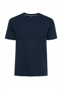 Granatowa koszulka z krótkim rękawem, z teksturowanym wzorem w paski, okrągłym dekoltem i małym logo przy dolnym brzegu.