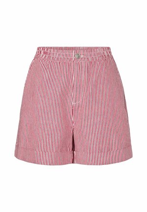 Pantaloncini a vita alta a righe verticali rosse e bianche, con orli risvoltati e chiusura frontale con bottoni.