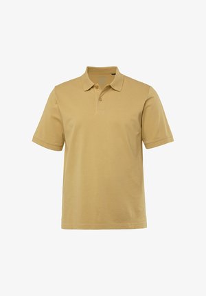 Polo w kolorze beżowym, z krótkim rękawem, wykonany z miękkiego materiału. Posiada klasyczny kołnierzyk oraz zapięcie na trzy guziki. Dyskretne logo na klatce piersiowej.