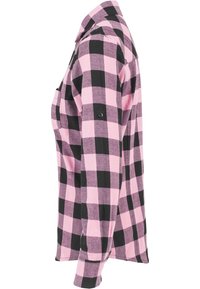Pink and black checkered flannel shirt, long sleeves, single chest pocket, buttoned cuffs, soft texture, light fabric, side view.
