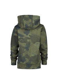 Hættetrøje i camouflage mønster med nuancer af grøn og mørkegrå. Blødt stof med ribbede manchetter og kant for en tætsiddende pasform.
