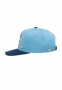 Blue cotton cap with a navy brim, featuring cloud patterns and embroidered character detail on the side. Adjustable strap at the back.