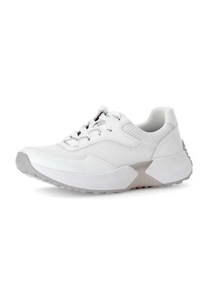 White athletic shoe featuring a mesh upper, textured leather accents, round laces, and a flexible rubber sole with a subtle gray midsole.