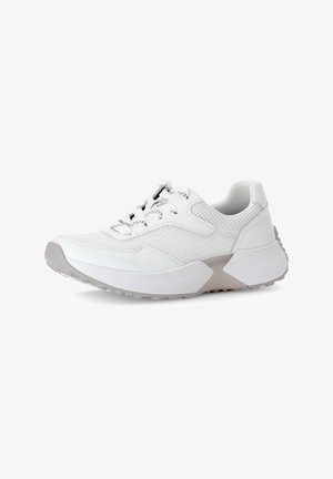 White athletic shoe featuring a mesh upper, textured leather accents, round laces, and a flexible rubber sole with a subtle gray midsole.