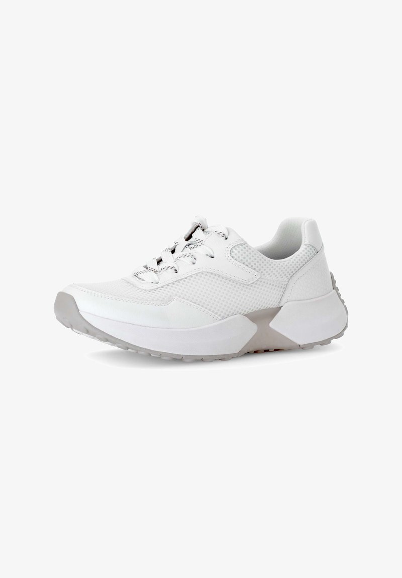 White athletic shoe featuring a mesh upper, textured leather accents, round laces, and a flexible rubber sole with a subtle gray midsole.