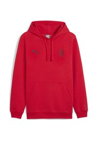 Rode pullover hoodie gemaakt van een katoenmix. Heeft een voorzak, een capuchon met trekkoord en logo's in donkergrijs. Glad textuur.