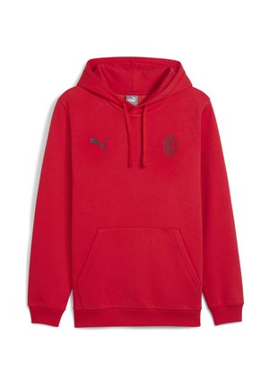 Rød pullover hoodie lavet af bomuldsblanding. Har en frontlomme, snoretræk i hætten og logoer i mørkegrå. Glat tekstur.