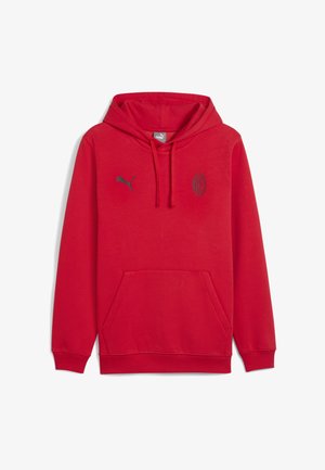 Rotes Pullover-Hoodie aus Baumwollmischung. Mit einer Vordertasche, Kordelzugkapuze und Logos in Dunkelgrau. Glatte Textur.