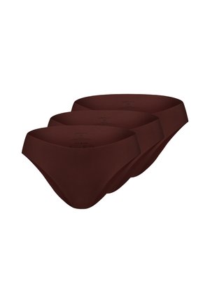 Drei nahtlose dunkelbraune Damen-Slips in einer Reihe, die einen glatten, dehnbaren Stoff mit Etikettendetails an der Innenseite des Bunds zeigen.