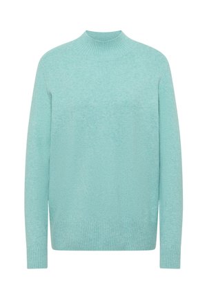 Světlý tyrkysový pletený svetr s vysokým límcem, dlouhými rukávy a vroubkovanými manžetami a lemem, s měkkým strukturovaným povrchem.