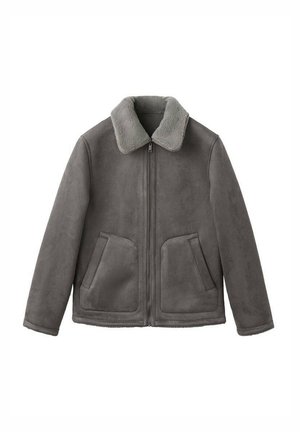 Grijze jas van imitatie-suède met een zachte grijze kraag, twee voorzakken en een ritssluiting. Gladde textuur en een ontspannen silhouet.