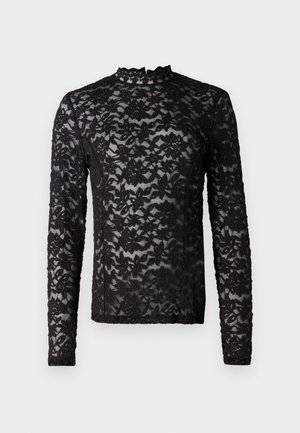 Melna garām piedurknēm caurspīdīga mežģīņu blūze ar ziedu rakstu un augstu kakla izgriezumu, kas rotāta ar nelielu kroku apdari.