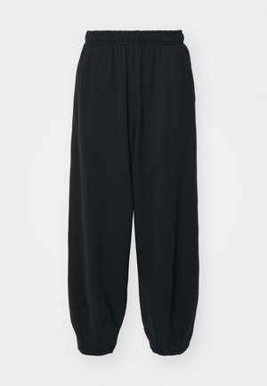 Black, elasticated-waist sweatpants with a loose fit, cuffed ankles, smooth texture, and no visible patterns or hardware accents.