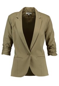 Khaki sako s jedním knoflíkem, dvěma předními kapsami a vyhrnutými rukávy. Vyrobeno z hladké látky s přizpůsobeným střihem.