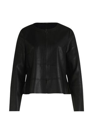 Giacca in pelle nera con colletto rotondo, zip anteriore e maniche lunghe. Caratterizzata da un design corto e una texture liscia e morbida.