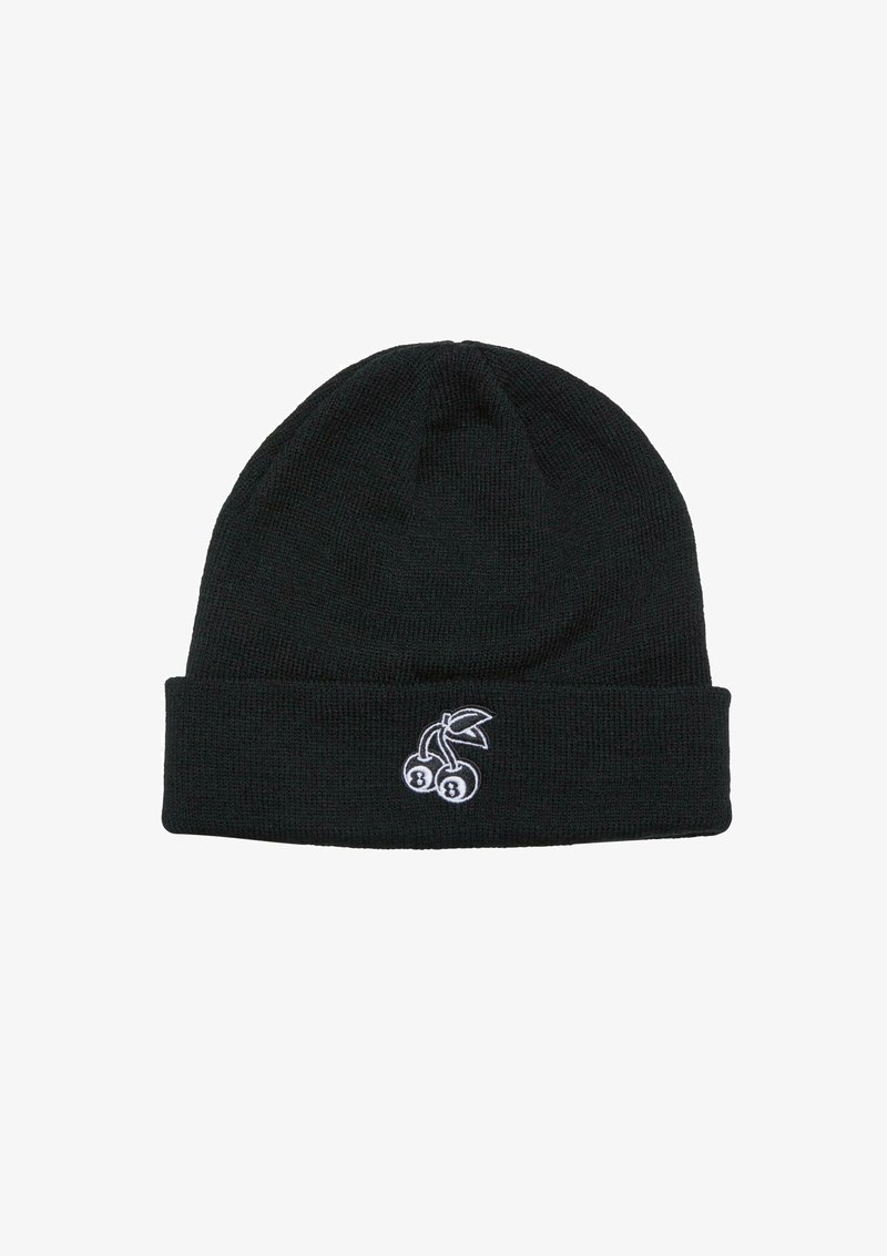 Fekete kötött sapka hajtott mandzsettával, fehér hímzett cseresznye grafikával és az alattuk lévő „38” számmal.