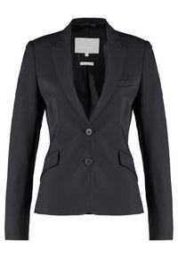 Svart blazer med satinfinish, enkelknapplåsning, skärpkragar och två framfickor. Slät textur, skräddarsydd design.