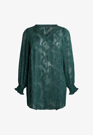 Blusa verde semi-trasparente con scollatura a V, maniche a sbuffo lunghe e motivi floreali testurizzati. Presenta polsini arricciati e una vestibilità ampia.