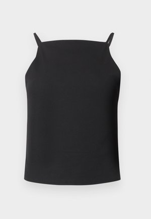 Débardeur noir côtelé sans manches avec fines bretelles et encolure droite, présenté sur un fond uni.