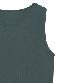 Bezsleeve tops tumšā tirkīza krāsā, izgatavots no mīksta, teksturēta auduma. Tam ir noapaļota dekoltē un tīri, apdarināti šuvi.