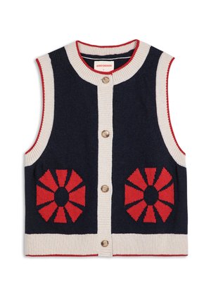 Knit sleeveless vest in navy with cream and red accents. Features two red floral patterns and wooden buttons down the front.