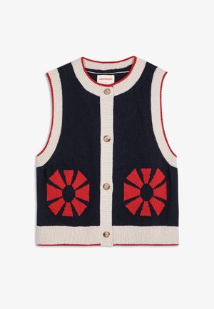 Gilet senza maniche in navy con dettagli in crema e rosso. Caratterizzato da due motivi floreali rossi e bottoni in legno sul davanti.