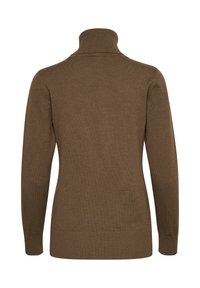 Brauner Strickpullover mit hohem Kragen, langen Ärmeln und geripptem Saum. Die Rückansicht zeigt eine glatte Textur und eine figurbetonte Passform.
