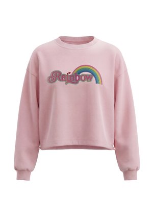 Pink langærmet sweatshirt med ribkant ved ærmer og halsudskæring, med ordet "Rainbow" og en farverig regnbuegrafik på brystet.