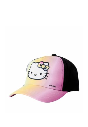 Baseballkappe mit pastellrosa und gelbem Farbverlauf auf der Vorderseite, schwarzer Rückseite, mit einem Hello Kitty-Gesicht und einer mehrfarbigen Schleife auf dem vorderen Panel.