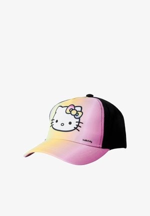 Baseballkappe mit pastellrosa und gelbem Farbverlauf auf der Vorderseite, schwarzer Rückseite, mit einem Hello Kitty-Gesicht und einer mehrfarbigen Schleife auf dem vorderen Panel.