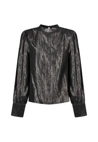 Zwarte, metalen longsleeve shirt met een hoge hals en lichte schouderplooien. Bevat textiel met textuur en reflectie, evenals contrasterende manchetten.