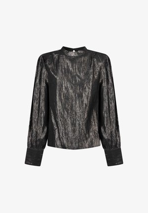 Zwarte, metalen longsleeve shirt met een hoge hals en lichte schouderplooien. Bevat textiel met textuur en reflectie, evenals contrasterende manchetten.