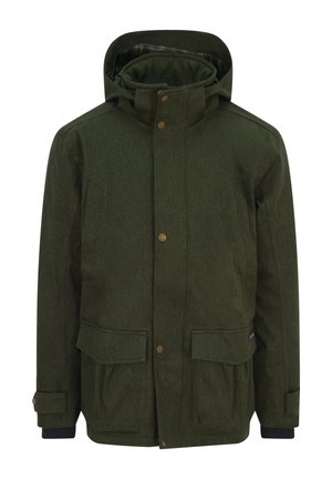 Giacca verde con trama, dotata di cappuccio, ampie tasche frontali e chiusure a bottoni. Presenta accenti a contrasto in blu navy alle maniche e una fodera a quadri.