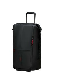 Schwarze rollbare Reisetasche mit einer glatten, matten Oberfläche. Merkmale sind rote Akzente, Reißverschlüsse und ein ausziehbarer Griff. Rechteckige Form.