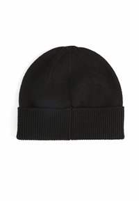 Black knitted beanie with a rounded top, ribbed cuff, and seamless design. Soft texture and simple, classic shape.