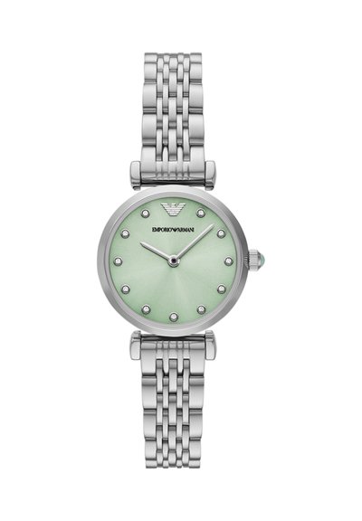 Orologio da polso con bracciale a maglie in metallo argento, quadrante verde chiaro, indicatori delle ore in cristallo e due lancette argento che segnano le 10:10.