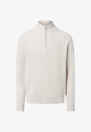 Hellbeige, gerippter Strickpullover mit hohem Kragen, halbem Reißverschluss vorne, langen Ärmeln und strukturierter Stoffqualität. Glatte Säume und Bündchen.