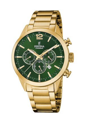Gold metal Festina chronograph watch with green dial, three subdials, date window, and gold hour markers and hands.