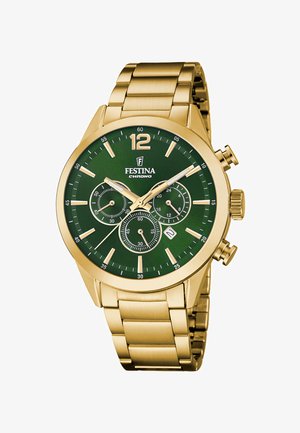 Reloj cronógrafo Festina de metal dorado con esfera verde, tres subesferas, ventana de fecha y marcadores de hora y agujas doradas.