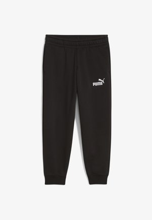 Čierne jogger nohavice s elastickým pásom, bočnými vreckami a bielym logom Puma na ľavom stehne. Vyrobené z mäkkej tkaniny, priliehajúce na členkoch.