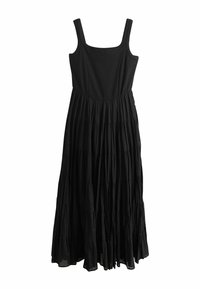 Robe maxi noire sans manches avec encolure carrée et jupe à volants froncés.